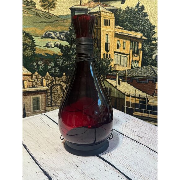 Vintage Red Glass Hanging Lantern Tea Light Holder With Metal Wire Wrap & Handle - Picture 8 of 11